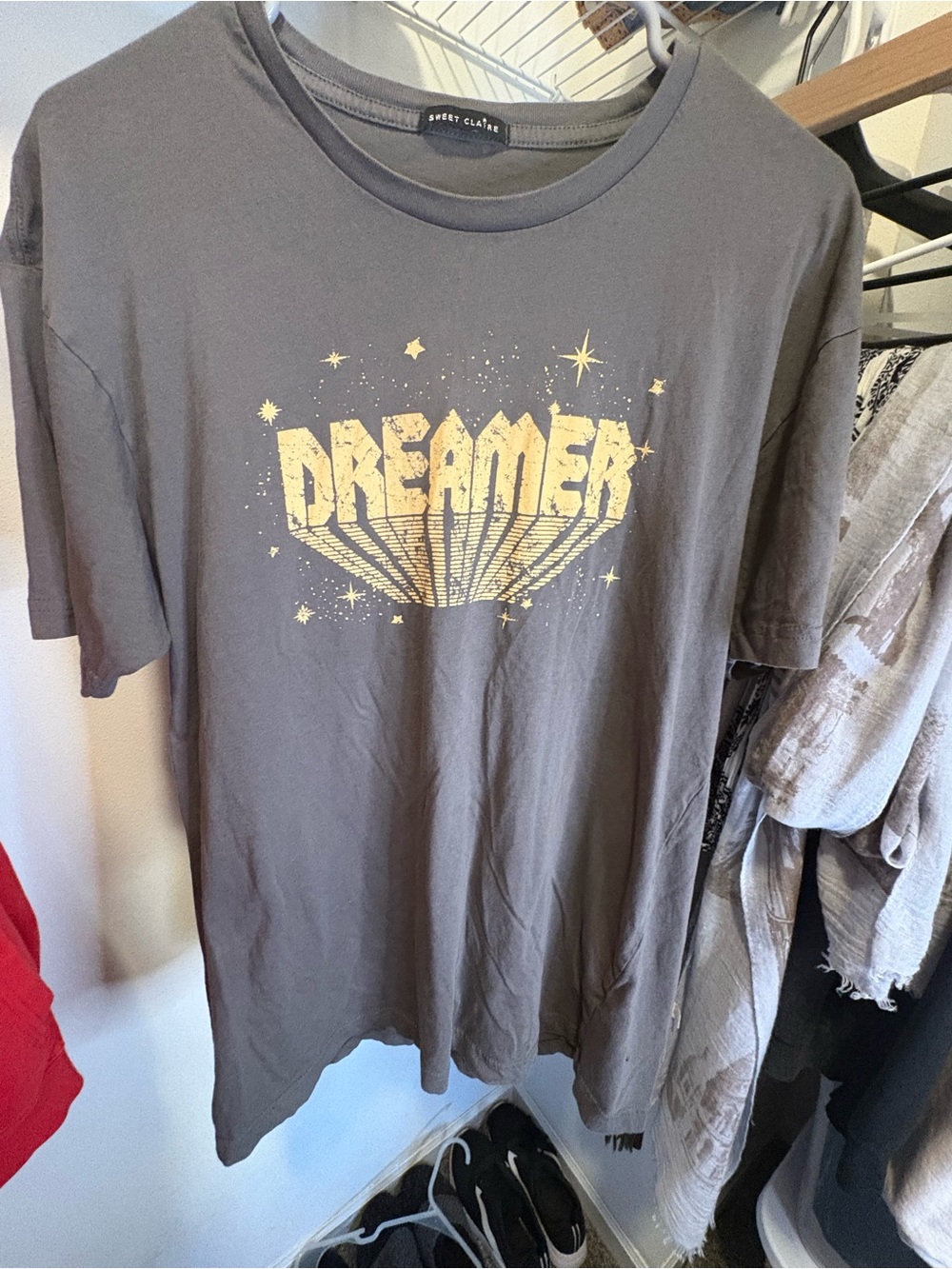 Sweet Claire Gray Short Sleeve Tee with Yellow "DREAMER" Graphic